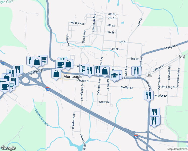 map of restaurants, bars, coffee shops, grocery stores, and more near US-64 & US-41 & TN-56 in Monteagle