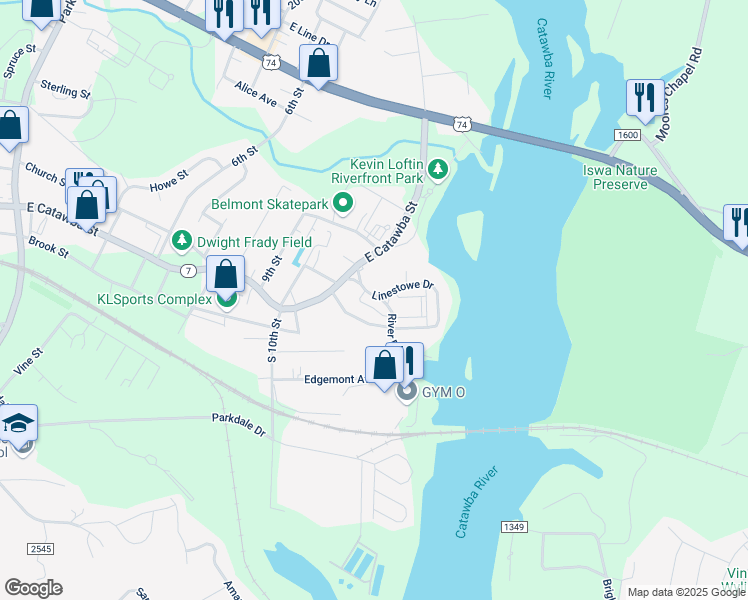 map of restaurants, bars, coffee shops, grocery stores, and more near 412 Linestowe Drive in Belmont