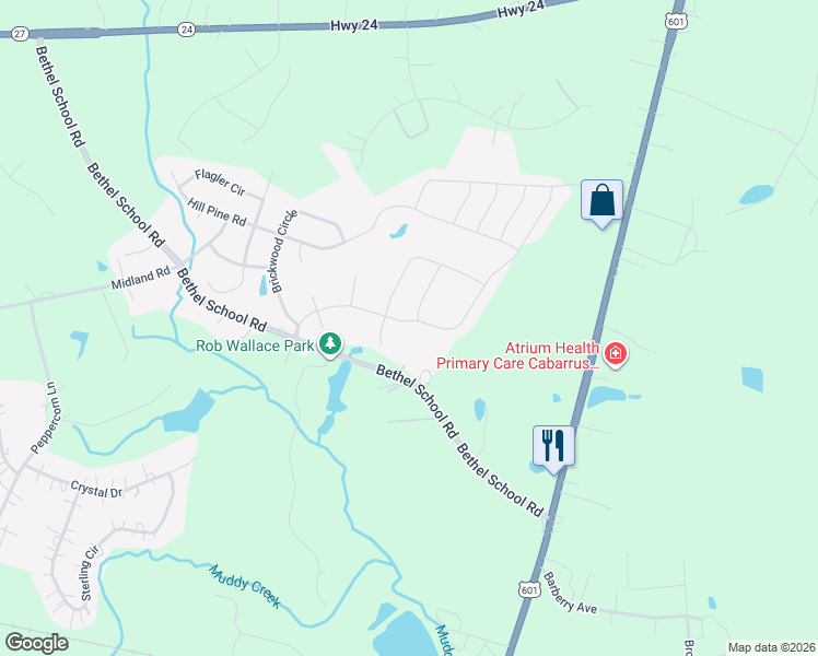 map of restaurants, bars, coffee shops, grocery stores, and more near 13101 Bethel School Road in Midland