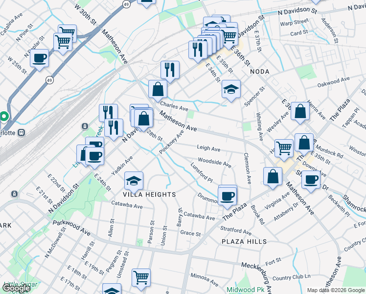 map of restaurants, bars, coffee shops, grocery stores, and more near 915 Leigh Avenue in Charlotte