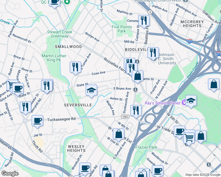 map of restaurants, bars, coffee shops, grocery stores, and more near 1711 Sumter Avenue in Charlotte