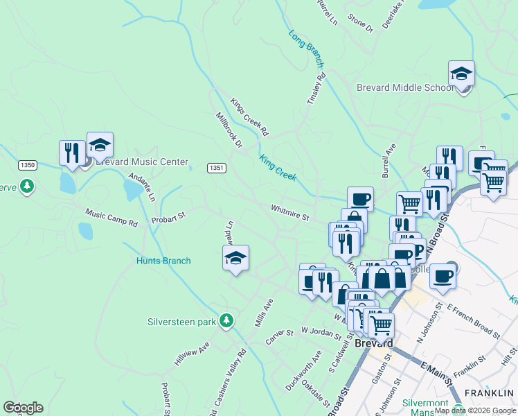 map of restaurants, bars, coffee shops, grocery stores, and more near 23 Burrell Mountain Road in Brevard