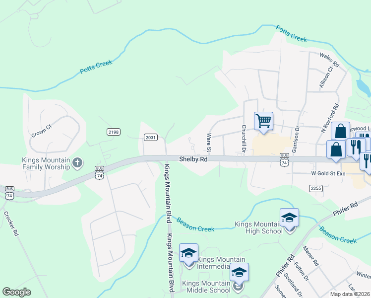 map of restaurants, bars, coffee shops, grocery stores, and more near 1608 Shelby Road in Kings Mountain