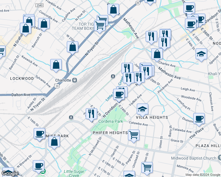 map of restaurants, bars, coffee shops, grocery stores, and more near in Charlotte