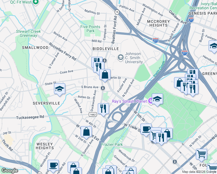 map of restaurants, bars, coffee shops, grocery stores, and more near 122 Martin Street in Charlotte