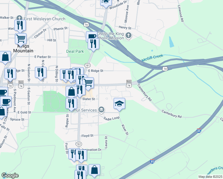 map of restaurants, bars, coffee shops, grocery stores, and more near 110 Cambridge Oaks Circle in Kings Mountain