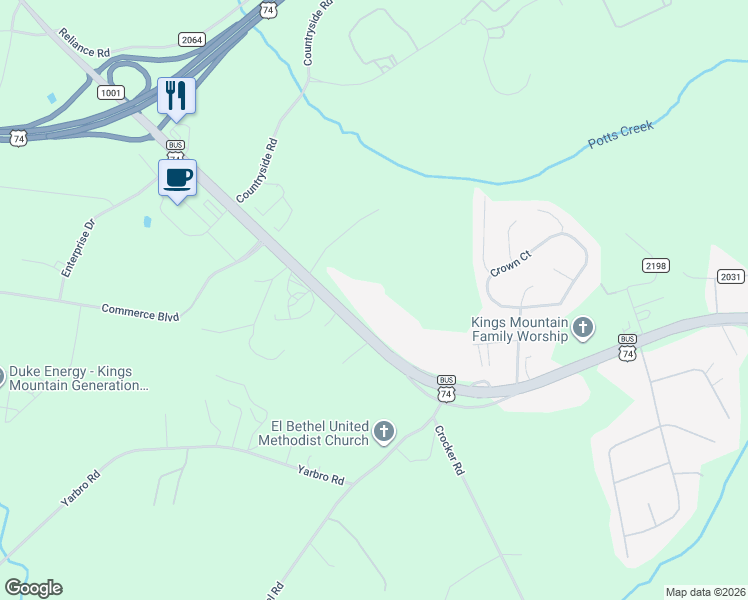 map of restaurants, bars, coffee shops, grocery stores, and more near 2038 Shelby Road in Kings Mountain