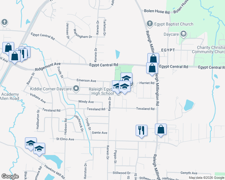map of restaurants, bars, coffee shops, grocery stores, and more near 4225 Kerwin Drive in Memphis