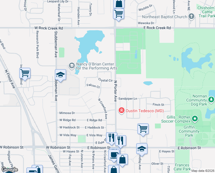map of restaurants, bars, coffee shops, grocery stores, and more near 127 Crystal Circle in Norman