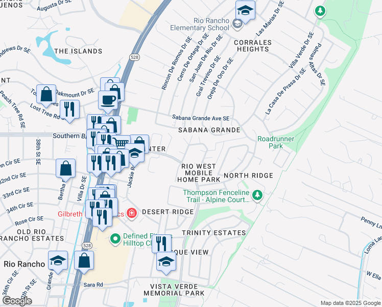 map of restaurants, bars, coffee shops, grocery stores, and more near 15 Serena Drive Southeast in Rio Rancho