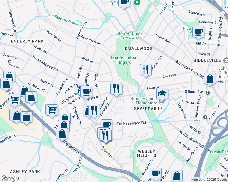 map of restaurants, bars, coffee shops, grocery stores, and more near 811 Ambassador Street in Charlotte