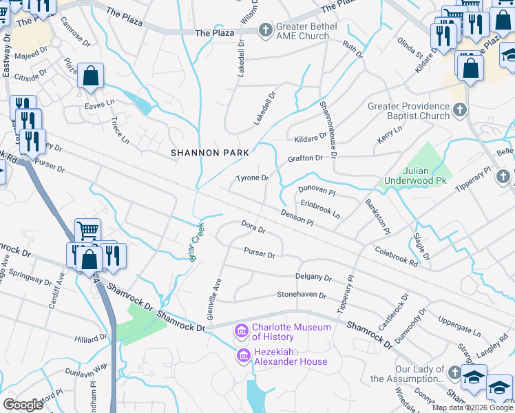 map of restaurants, bars, coffee shops, grocery stores, and more near 3329 Denson Place in Charlotte