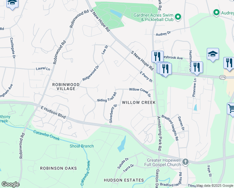 map of restaurants, bars, coffee shops, grocery stores, and more near 2365 Riding Trail Road in Gastonia