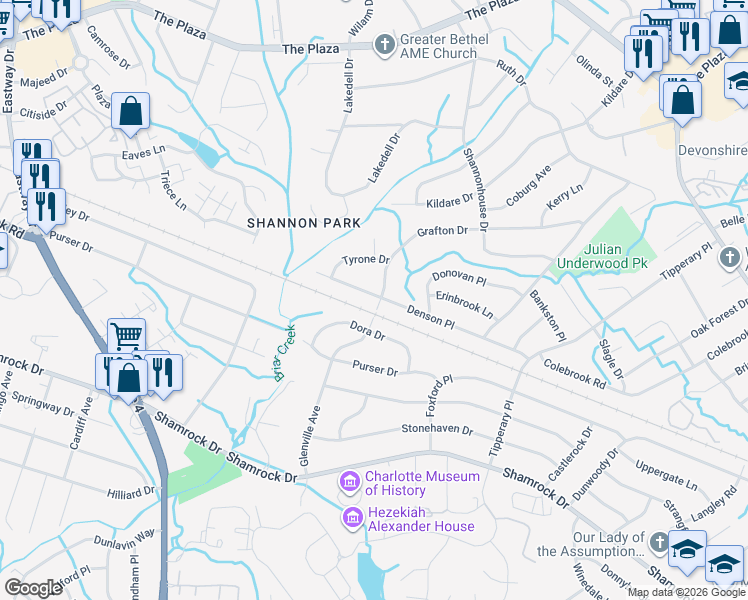 map of restaurants, bars, coffee shops, grocery stores, and more near 3329 Denson Place in Charlotte