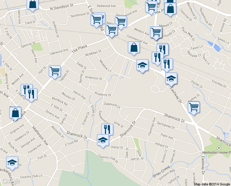 map of restaurants, bars, coffee shops, grocery stores, and more near 1807 Academy Street in Charlotte