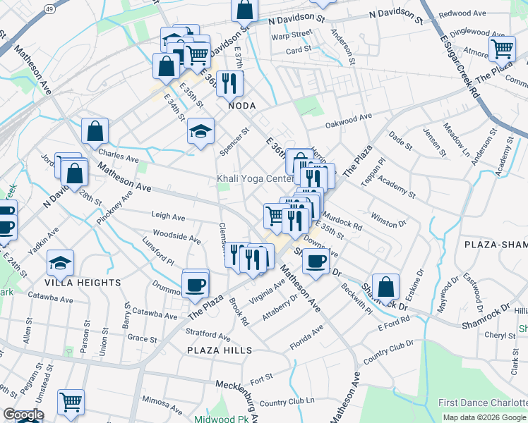 map of restaurants, bars, coffee shops, grocery stores, and more near 1115 East 34th Street in Charlotte