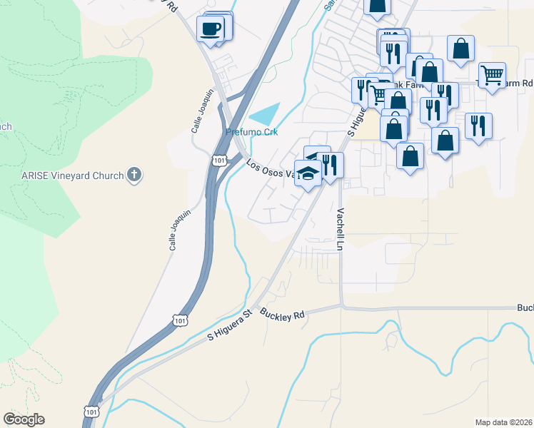 map of restaurants, bars, coffee shops, grocery stores, and more near 94 Encanto Lane in San Luis Obispo