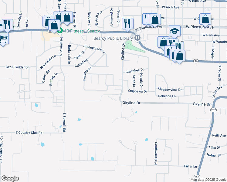 map of restaurants, bars, coffee shops, grocery stores, and more near 931 Skyline Drive in Searcy
