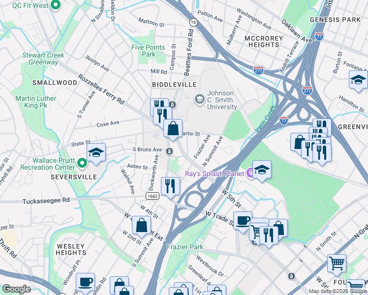 map of restaurants, bars, coffee shops, grocery stores, and more near 122 Martin Street in Charlotte