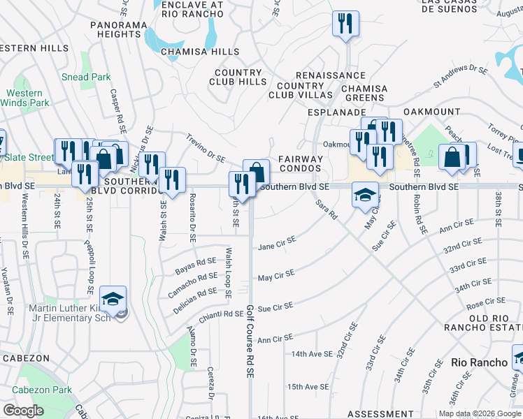 map of restaurants, bars, coffee shops, grocery stores, and more near 515 Golf Course Road Southeast in Rio Rancho