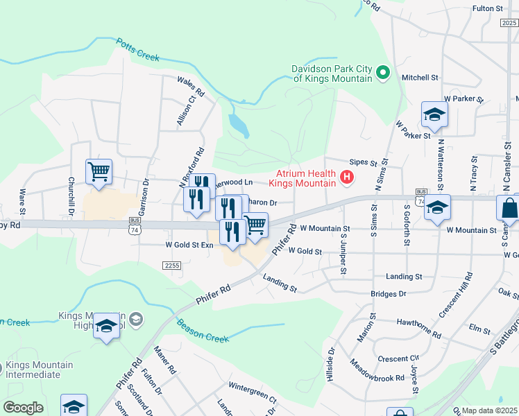 map of restaurants, bars, coffee shops, grocery stores, and more near 906 Sharon Drive in Kings Mountain