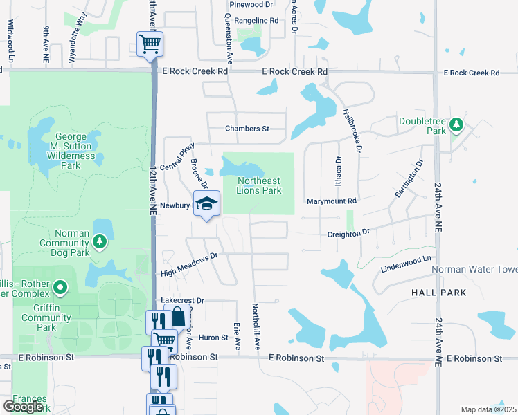 map of restaurants, bars, coffee shops, grocery stores, and more near 1800 Northcliff Avenue in Norman