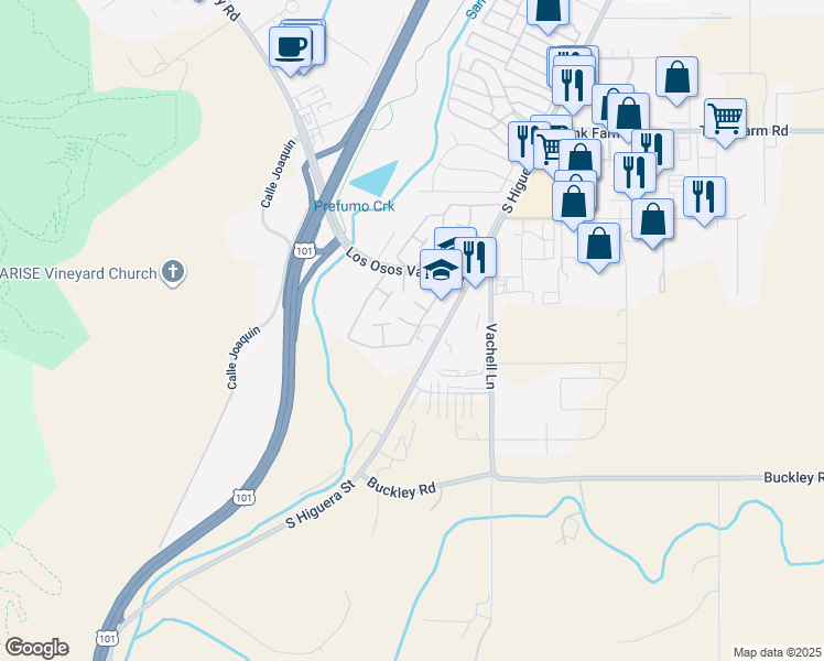 map of restaurants, bars, coffee shops, grocery stores, and more near 25 Vista Lane in San Luis Obispo