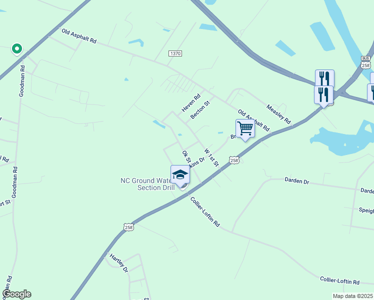 map of restaurants, bars, coffee shops, grocery stores, and more near 321 Louise Street in Kinston