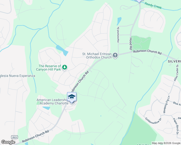 map of restaurants, bars, coffee shops, grocery stores, and more near 8464 Robinson Church Road in Charlotte