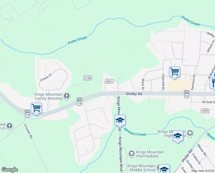 map of restaurants, bars, coffee shops, grocery stores, and more near 1074 Dick Elam Road in Kings Mountain