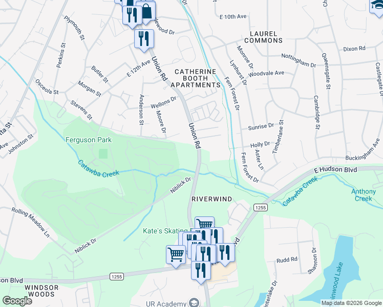 map of restaurants, bars, coffee shops, grocery stores, and more near 1717 Union Road in Gastonia