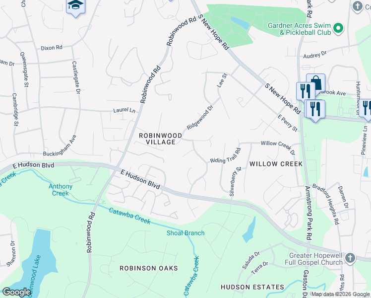 map of restaurants, bars, coffee shops, grocery stores, and more near 1601 Ridgewood Drive in Gastonia