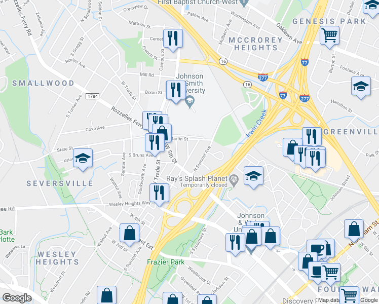 map of restaurants, bars, coffee shops, grocery stores, and more near 431 Wake Street in Charlotte