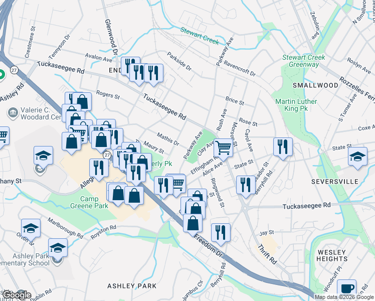 map of restaurants, bars, coffee shops, grocery stores, and more near 1238 Parkway Avenue in Charlotte