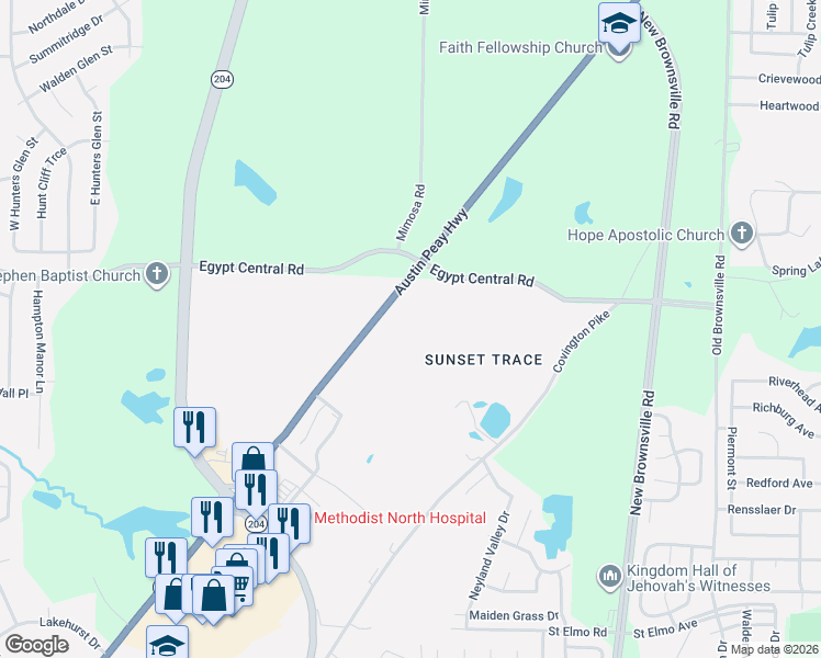 map of restaurants, bars, coffee shops, grocery stores, and more near 4118 Austin Peay Highway in Memphis