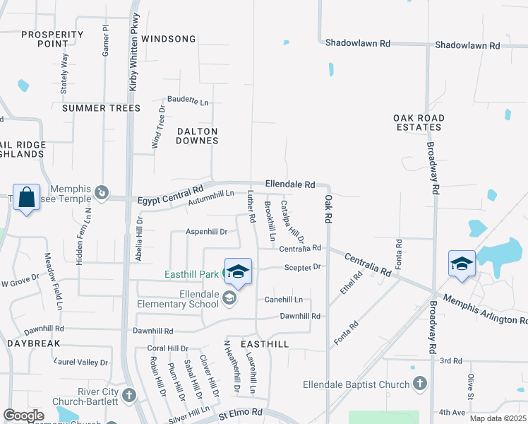 map of restaurants, bars, coffee shops, grocery stores, and more near 4199 Brookhill Lane in Memphis