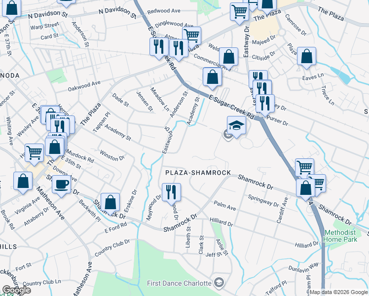 map of restaurants, bars, coffee shops, grocery stores, and more near 1807 Academy Street in Charlotte