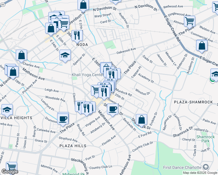 map of restaurants, bars, coffee shops, grocery stores, and more near 1231 East 35th Street in Charlotte