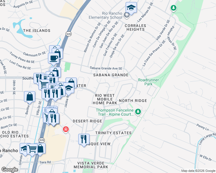 map of restaurants, bars, coffee shops, grocery stores, and more near 15 Rancho West Drive Southeast in Rio Rancho