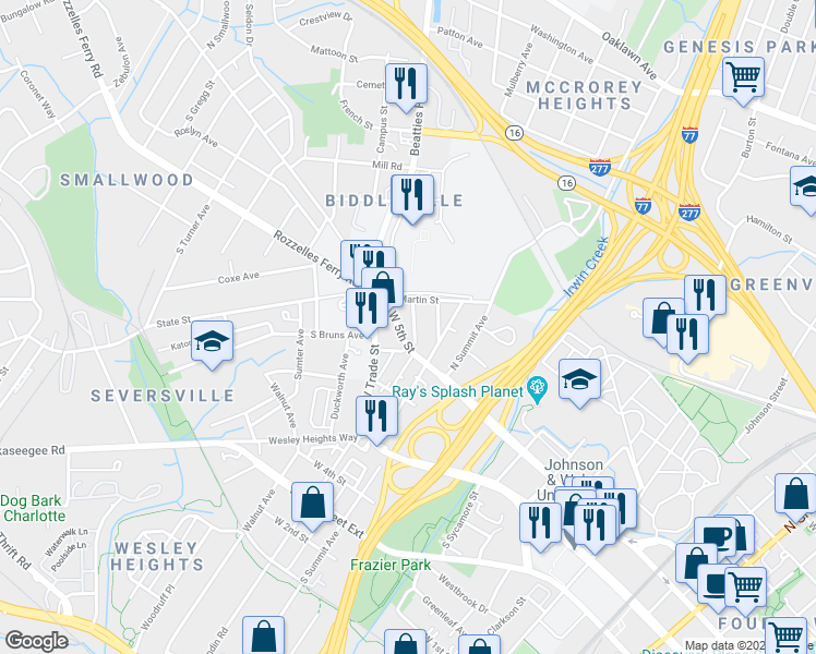 map of restaurants, bars, coffee shops, grocery stores, and more near 323 Flint Street in Charlotte