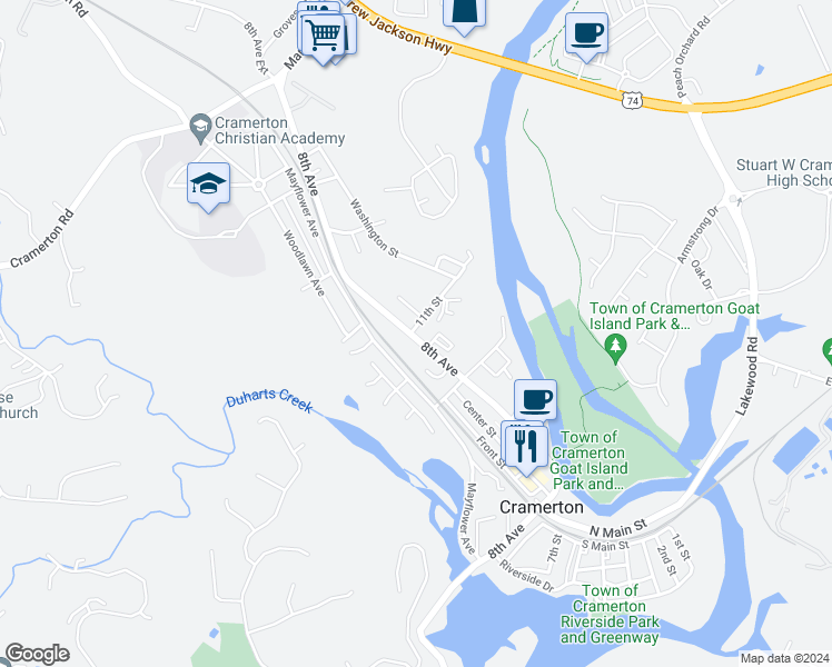 map of restaurants, bars, coffee shops, grocery stores, and more near 242 8th Avenue in Cramerton