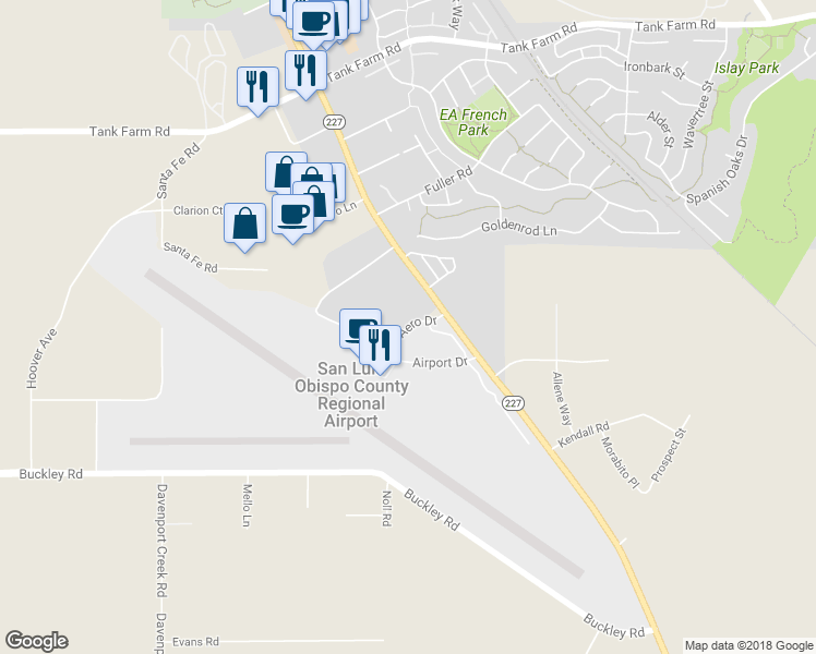 map of restaurants, bars, coffee shops, grocery stores, and more near Aero Drive in San Luis Obispo