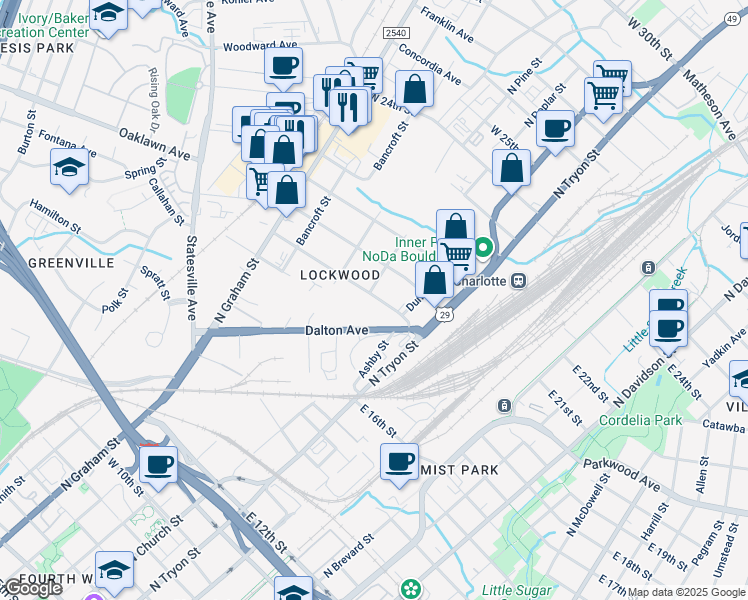 map of restaurants, bars, coffee shops, grocery stores, and more near 300 Plymouth Avenue in Charlotte