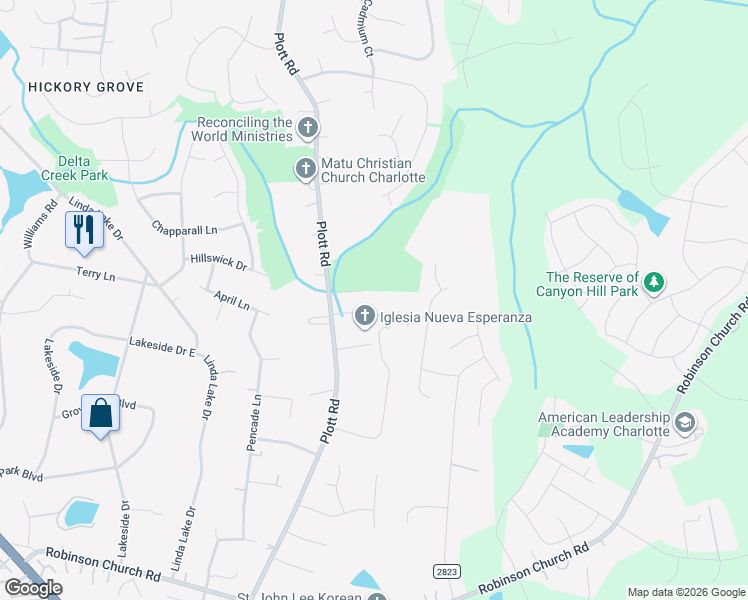map of restaurants, bars, coffee shops, grocery stores, and more near 7410 Plott Road in Charlotte