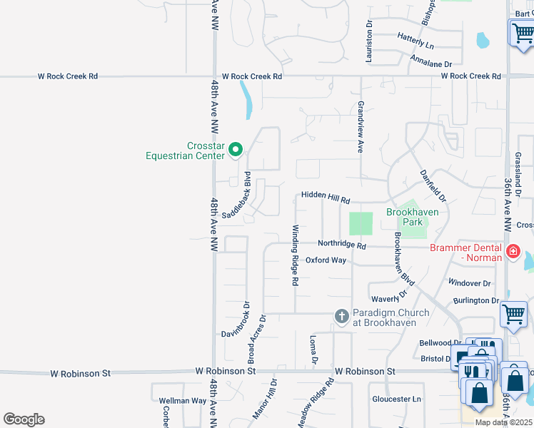 map of restaurants, bars, coffee shops, grocery stores, and more near 4541 Steeplechase Drive in Norman