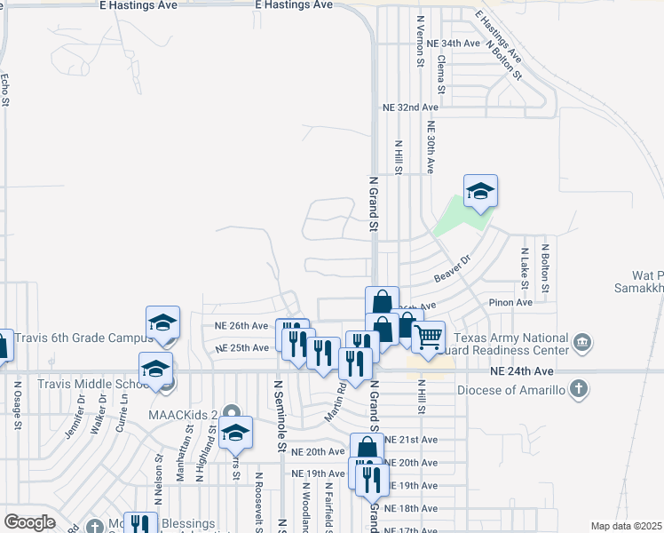 map of restaurants, bars, coffee shops, grocery stores, and more near 2701 North Grand Street in Amarillo