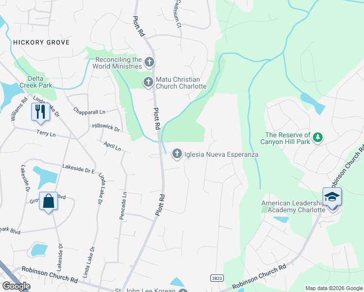 map of restaurants, bars, coffee shops, grocery stores, and more near 7410 Plott Road in Charlotte