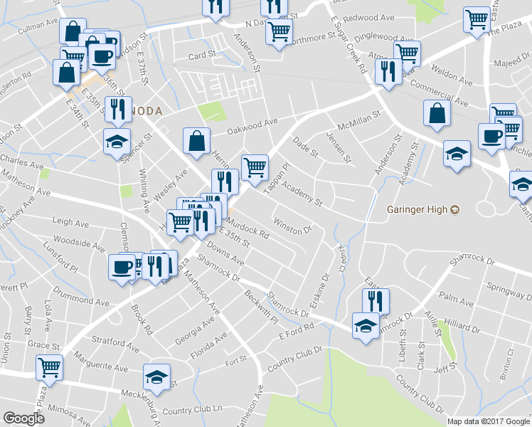 map of restaurants, bars, coffee shops, grocery stores, and more near 1408 Winston Drive in Charlotte