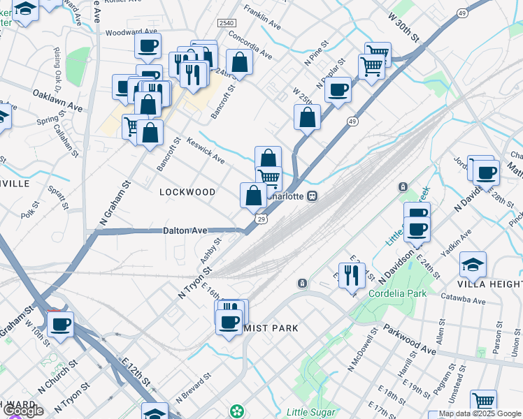 map of restaurants, bars, coffee shops, grocery stores, and more near 116 West 23rd Street in Charlotte