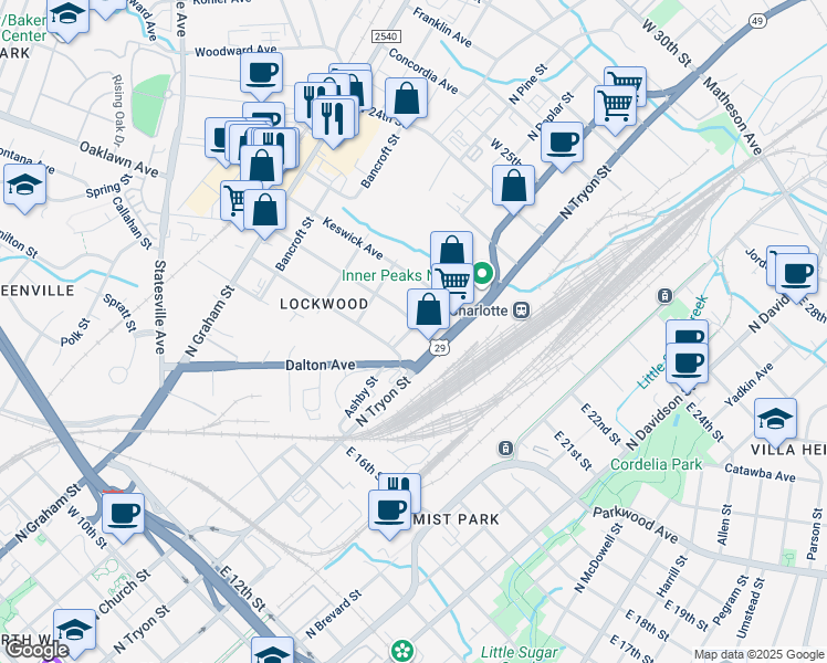 map of restaurants, bars, coffee shops, grocery stores, and more near 215 Sylvania Avenue in Charlotte